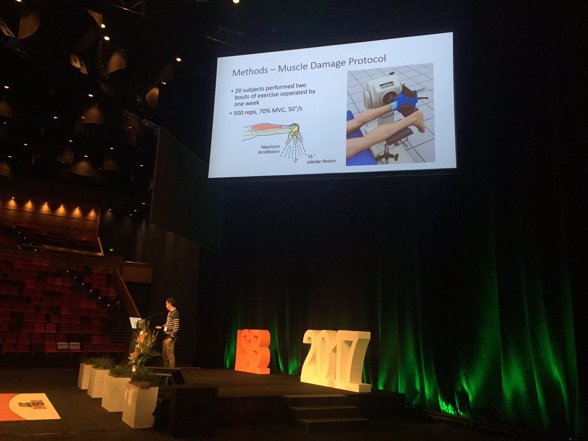 TaylorJMDick's tweet photo. @usqbhoff sharing his work on repeated bout effect: no changes in fascicle mechanics in muscle damage paradigm #ISB2017 #isb #biomechanics https://t.co/Wl4rZRK9U1