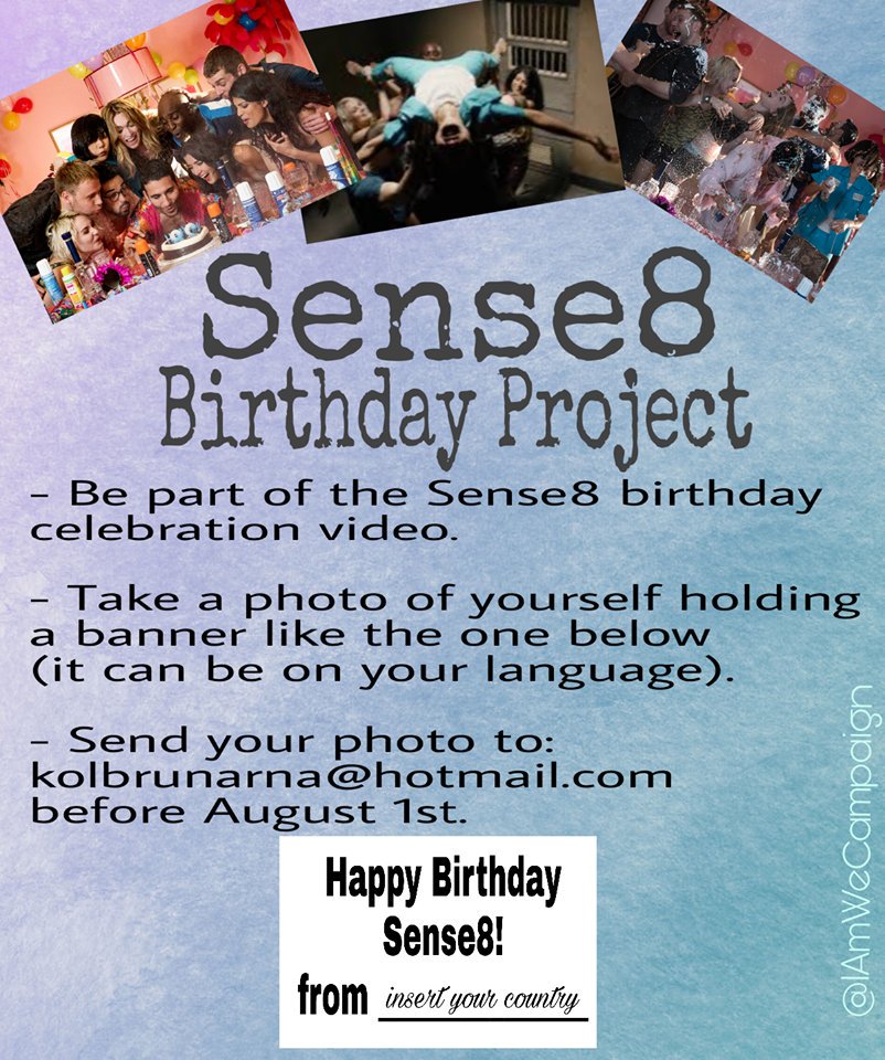 IAmWeCampaign's tweet photo. This afternoon we only ask that you commit to participating in our #happybirthdaySense8 video or helping us find participants.  🙏😍❤ #sense8 https://t.co/St84Y37J4u