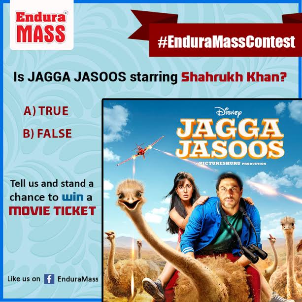 Enduramass11's tweet photo. #EnduraMassContest - Is 'Jagga Jasoos' starring Shahrukh Khan?
A) True 
B) False
#ContestAlert #BestMassGainer #BestWeightGainer https://t.co/OeEZTzrGkn