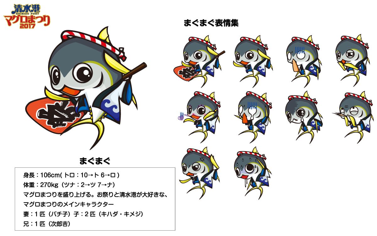 清水港マグロまつり実行委員会 キャラクター紹介 料理ネタが続いていたので 久しぶりにキャラクター紹介をします 今回はメイン キャラクターの まぐまぐ の紹介です 何気に二児の父親でもあるのです まぐまぐ ゆるキャラ マグロ 清水港マグロまつり