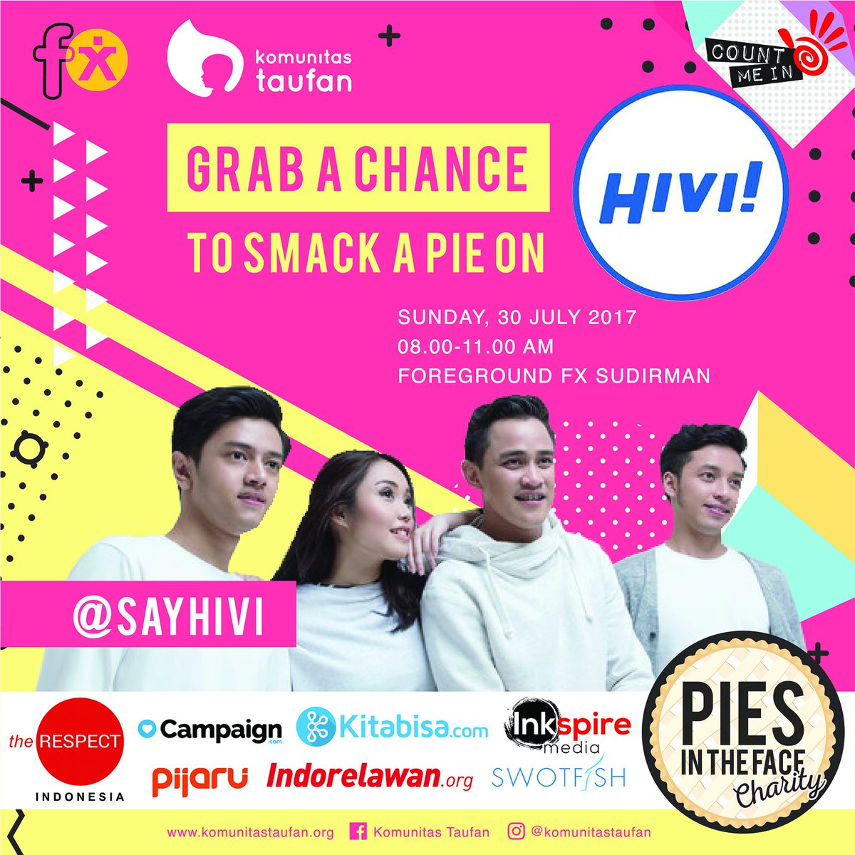 1000DaysFund's tweet photo. Get an exclusive chance to smoosh a pie on these awesome people from @sayHIVI . Bring along ur friends too @fXSudirman #PiesInTheFaceCharity https://t.co/h6fcOCprQh
