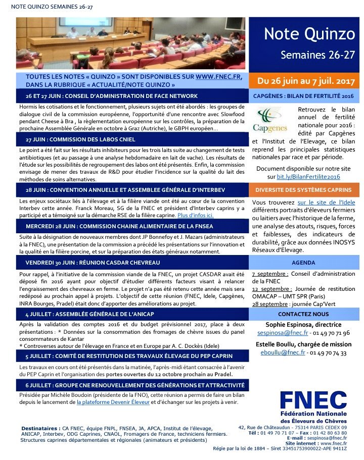 EleveursChevres's tweet photo. La dernière #NoteQuinzo est parue ! Au programme : CA #FaceNetwork, #Cniel, #Interbev, #Chevreau, AG #Anicap, #PepCaprin, #DevenirEleveur... https://t.co/Qcg9aqCejD