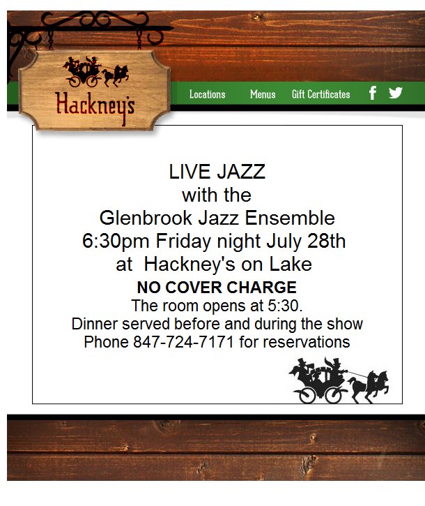 Live Jazz Friday,7/28 6:30pm Hackney's on Lake 1514 E.Lake Ave. Glenview. ph. 847-724-7171 bit.ly/2vzqhuc