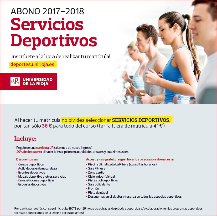 uniriojaDeporte's tweet photo. ¿Te vas a matricular en el curso 2017-18? No olvides agregar los SERVICIOS DEPORTIVOS https://t.co/wJiLfb6ttP https://t.co/NJrOw5W1L6