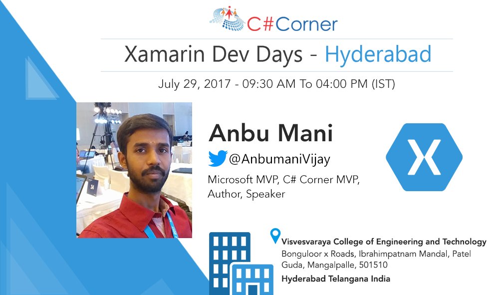CsharpCorner's tweet image. Introduction to #Xamarin by @AnbumaniVijay at #XamarinDevDays - Hyderabad. Register now: goo.gl/CTveM6 cc @CsharpCorner