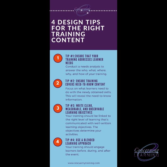 dhwelcome's tweet photo. Four Tips to Achieve the Right Training Content #rescuemytraining #concerninglearningllc https://t.co/ceHgp610Qp