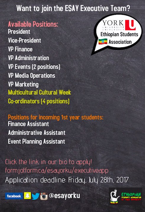 ESAYorkU's tweet photo. Want to join ESAY? Applications are now out: https://t.co/bmXQTeP9cq
Deadline: Friday, July 28th, 2017
Best of luck to all applicants! https://t.co/733OcYdOXH