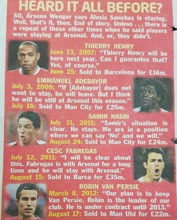 FootballFunnys's tweet photo. Arsene Wenger: "Alexis Sanchez will not be sold." https://t.co/H0KpscyuwV