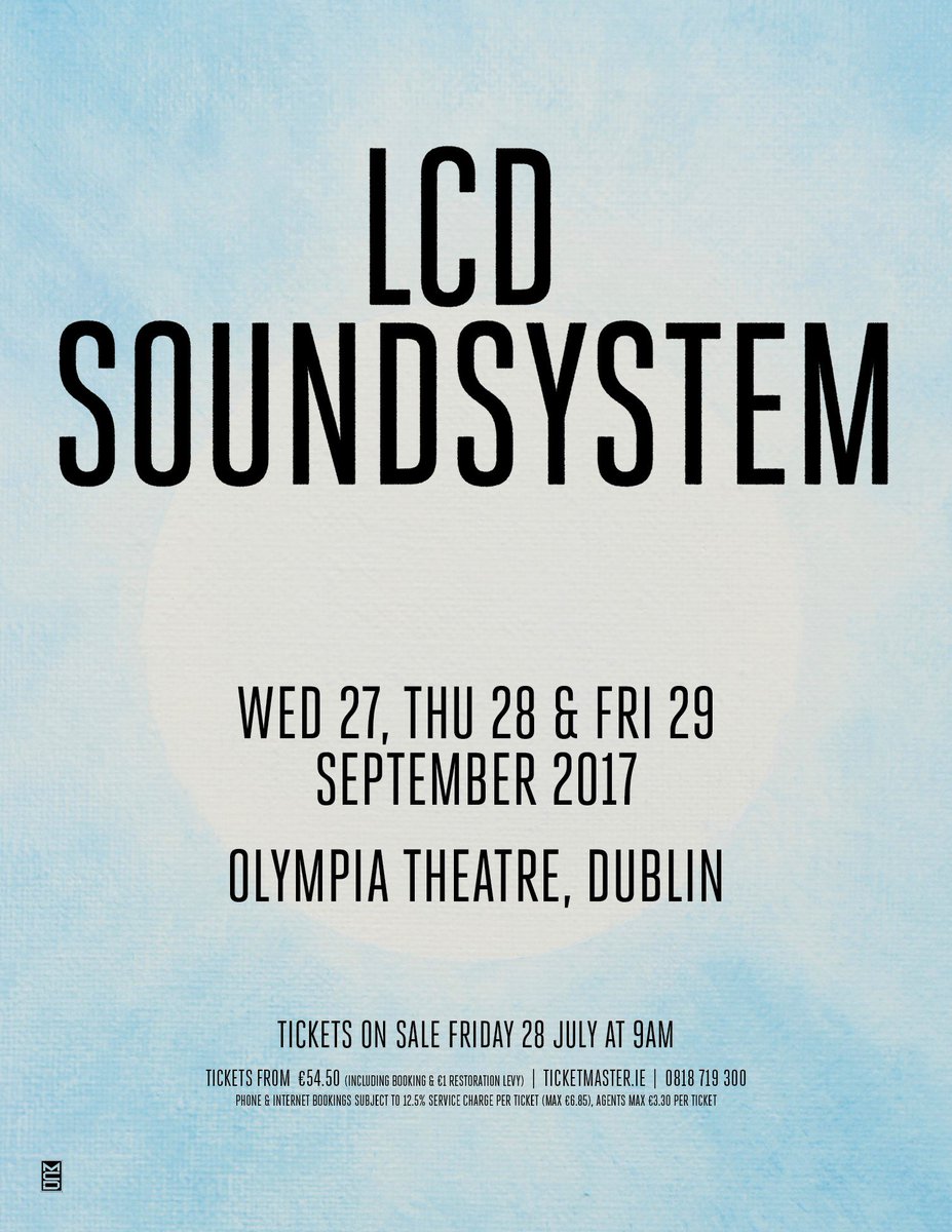 .<a href="/lcdsoundsystem/">lcdsoundsystem</a> play <a href="/olympiatheatre/">@olympiatheatre</a>, Dublin on Wed 27, Thur 28 &amp; Fri 29 Sept 2017. Onsale Fri 28 July at 9am bit.ly/2uqVz6d