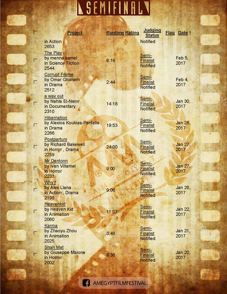 am4production's tweet photo. AM #Egypt #Film #Festival #Season 2017 - Semi Final List
For More Information visit #Facebook Page
https://t.co/dptgoIGsah https://t.co/6Wz7NtgaEx