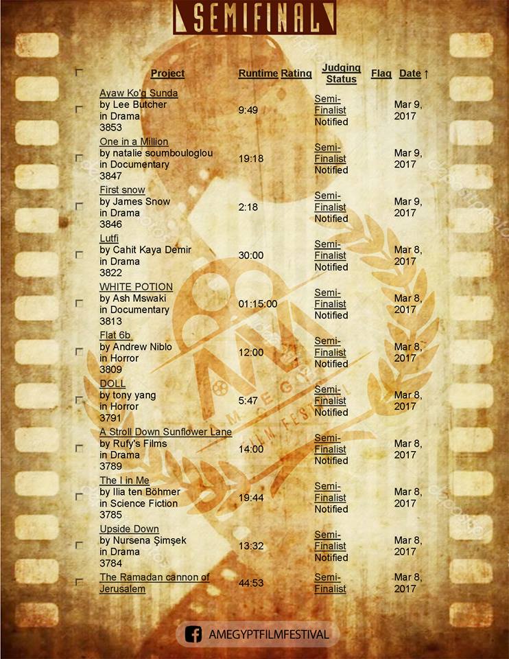 am4production's tweet photo. AM #Egypt #Film #Festival #Season 2017 - Semi Final List
For More Information visit #Facebook Page
https://t.co/dptgoIGsah https://t.co/6Wz7NtgaEx