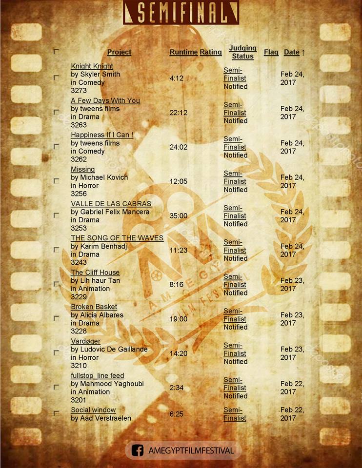 am4production's tweet photo. AM #Egypt #Film #Festival #Season 2017 - Semi Final List
For More Information visit #Facebook Page
https://t.co/dptgoIGsah https://t.co/6Wz7NtgaEx