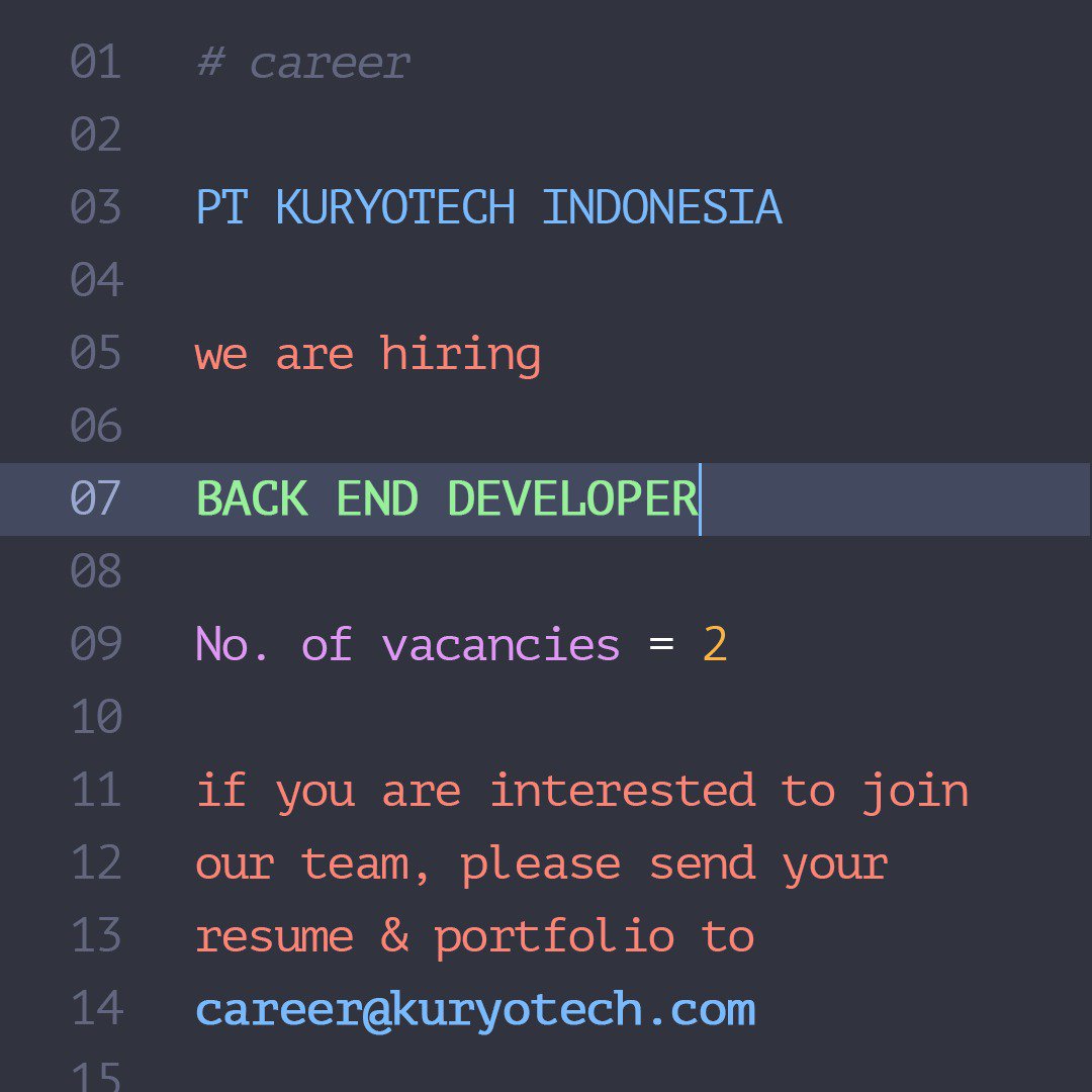 Kuryotech's tweet photo. Kami sedang mencari back-end web developer, dengan kesempatan untuk bekerja dengan tim developer https://t.co/6FLSAIMZGd (@BeokuCom ) https://t.co/LoLrqHdy4w