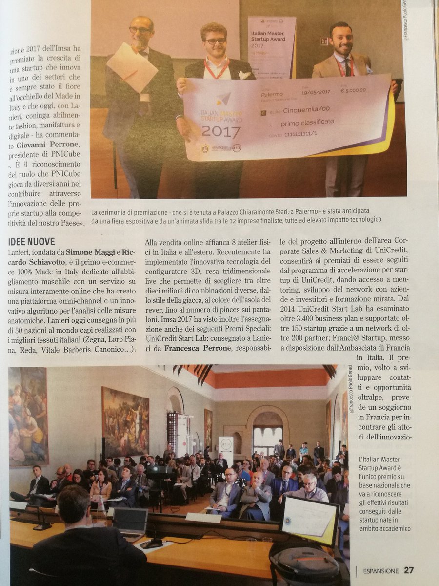 ValComm's tweet photo. In edicola 📰su @Espansionenews splendido servizio dedicato a @PNICube, @LanieriOfficial e #Startup vincitrici #IMSA2017. #MadeinItaly #news https://t.co/ndo8bjzYEq