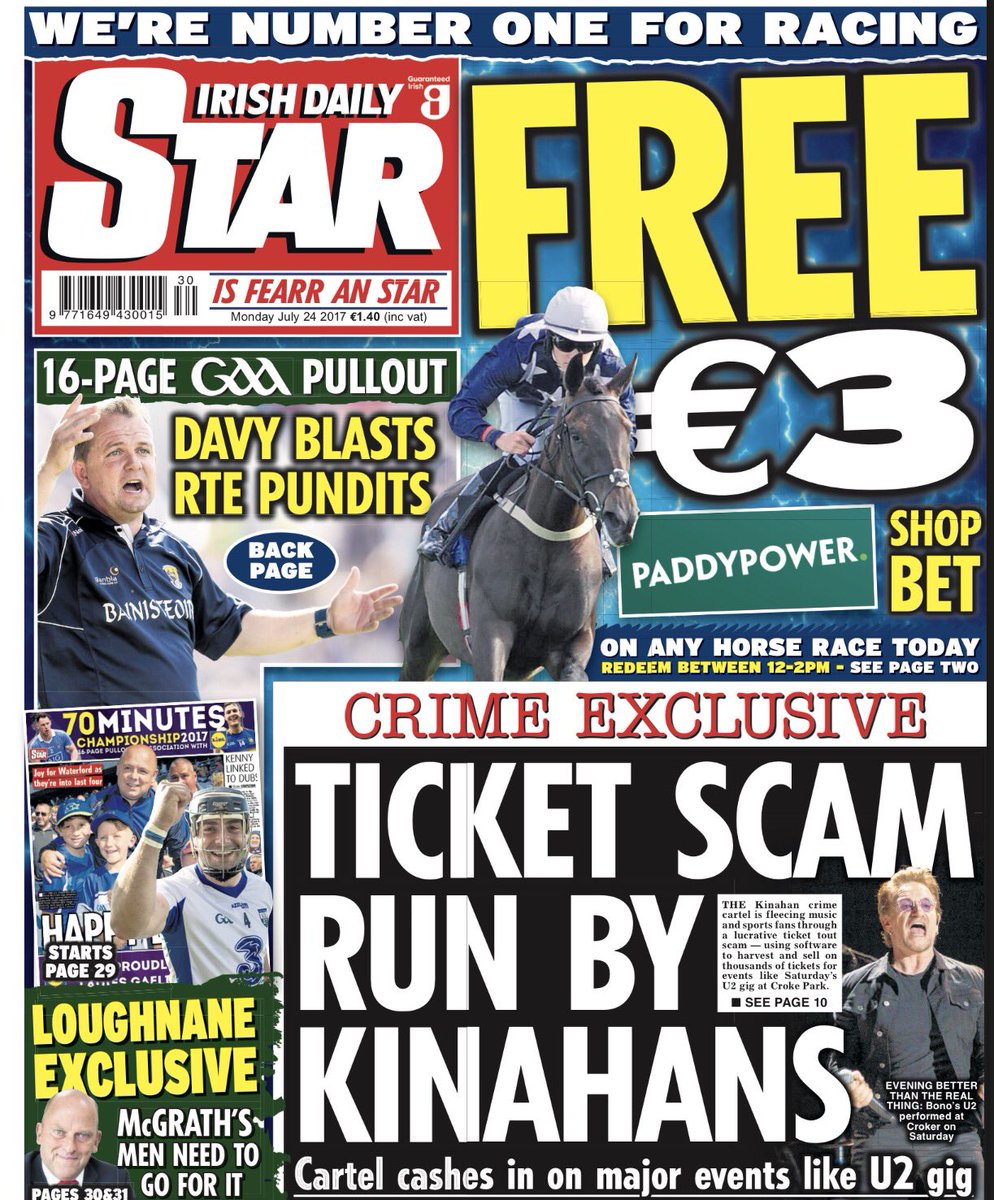 IrishStarUS's tweet photo. Today's paper includes free €3 @paddypower bet and 16-page #GAA pullout with exclusive columns from #Loughnane and #Horan https://t.co/rOJK5OQcwG