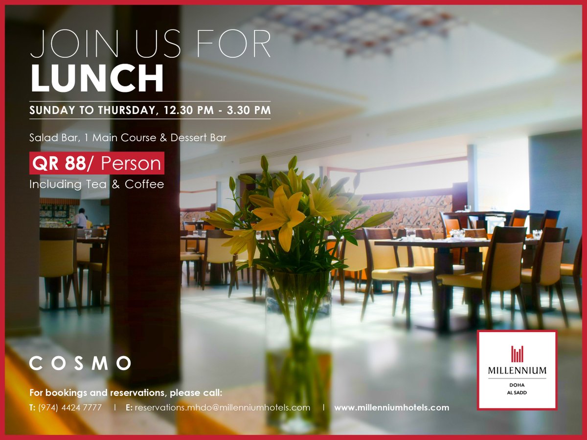 MillenniumDoha's tweet photo. Join us this afternoon for a delicious meal featuring international cuisine, a wide range of salad and a delightful dessert bar all for QR88 https://t.co/0jDhMV6Oxs