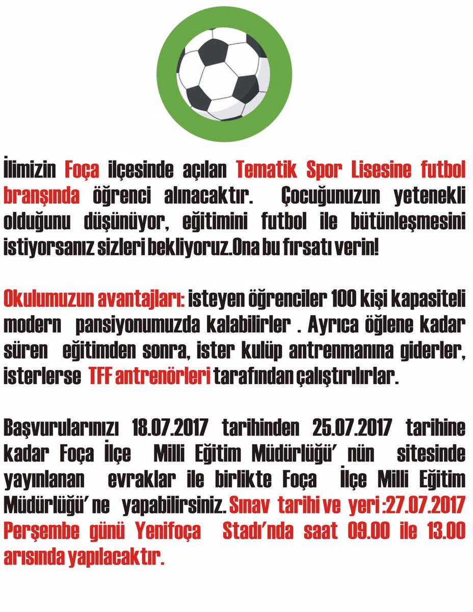 Tematik Spor Lisesine futbol branşında, sınav ile öğrenci alınacaktır.