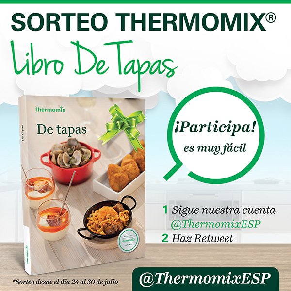 ThermomixESP's tweet photo. 🎉SORTEO THERMOMIX ® 🎉
Consigue el Libro "De Tapas", es MUY FÁCIL:
1⃣ Sigue esta cuenta @ThermomixESP 
2⃣Haz retweet
¡¡Mucha suerte a tod@s!! https://t.co/B2O8c3LPR0
