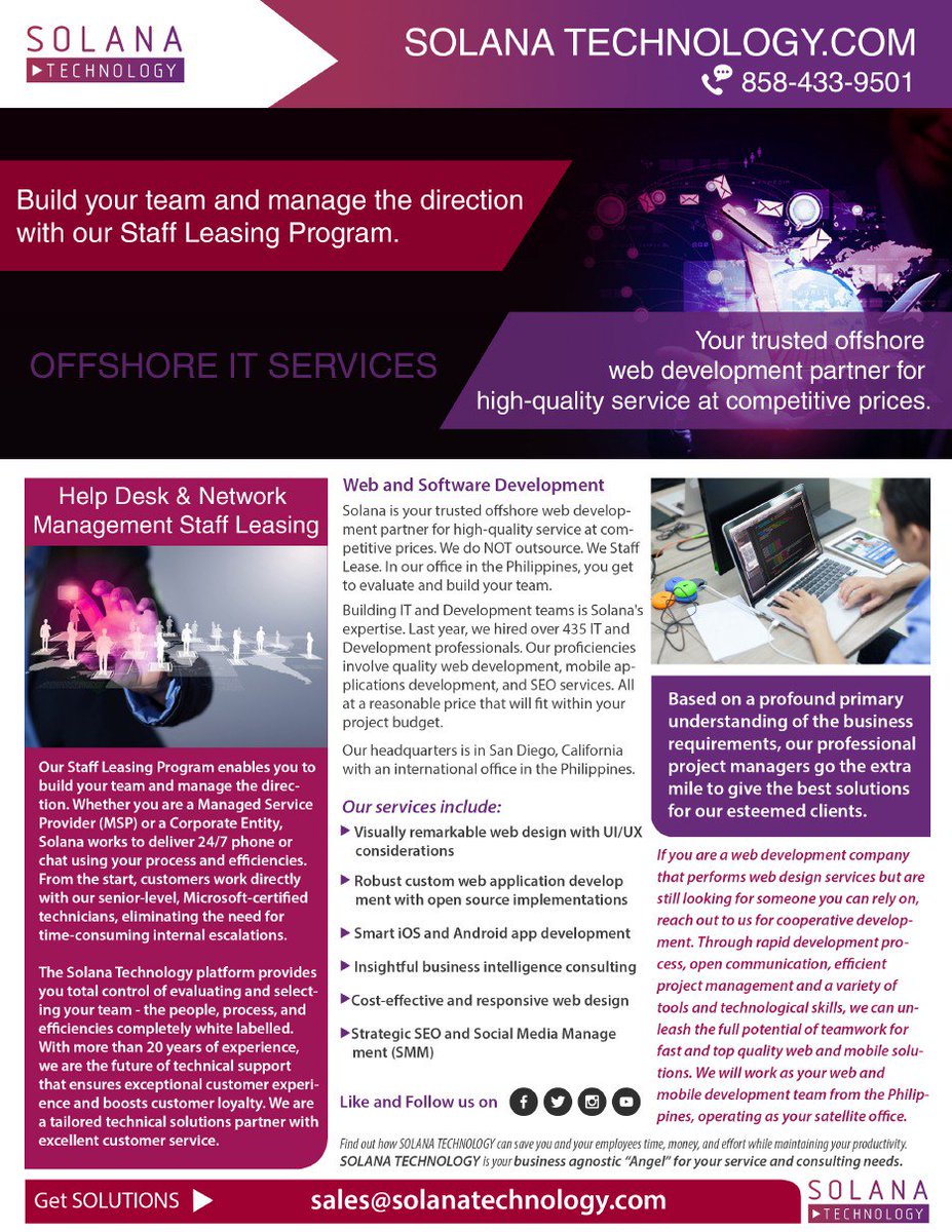 solanatechno's tweet photo. Solana Technology's STAFF LEASING program will help you build your offshore IT service team.
Visit https://t.co/GHU7fXw37S
@solanatechno https://t.co/FmM0xhvyax