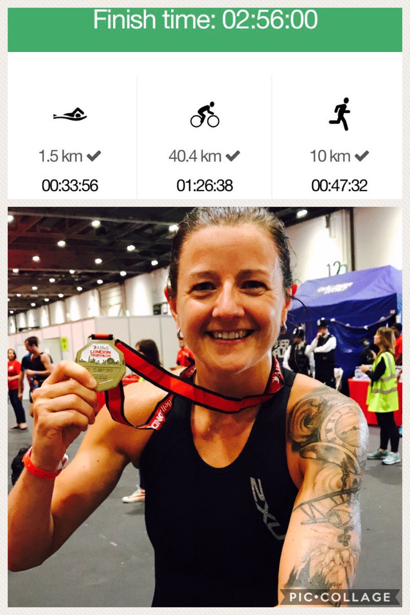 SianCFW's tweet photo. 2:56 Olympic distance tri @londontri.  Fab day with the @tsb #beattheboss team. Thanks @paulpester I raised £550 for @Heartbeat_nwcc #1sttri https://t.co/klNzSfh4Dr