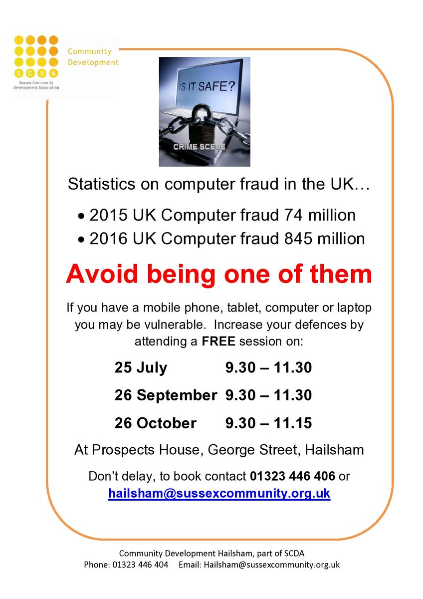 SCDAHailsham's tweet photo. FREE sessions at our #hailsham office. Stay safe on line.  Avoid being part of the £11 billion personal #fraud loss statistic. https://t.co/6iGvBUqdZx