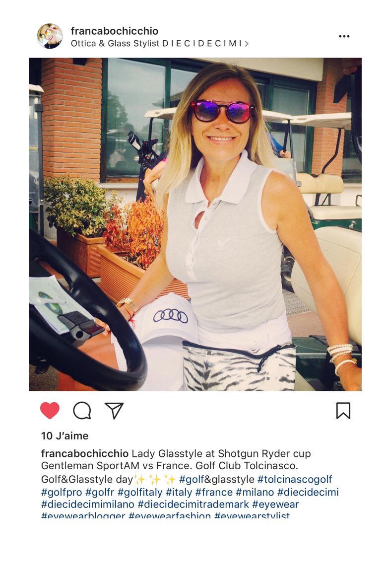 ElodieBaude's tweet photo. @elodiebaude #designer of @baudeparis with #sunglasses #diecidecimi #francabochicchio 
#rydercup #Italie #france #golfpro #lifestyleblogger https://t.co/R72tWEH1Bi