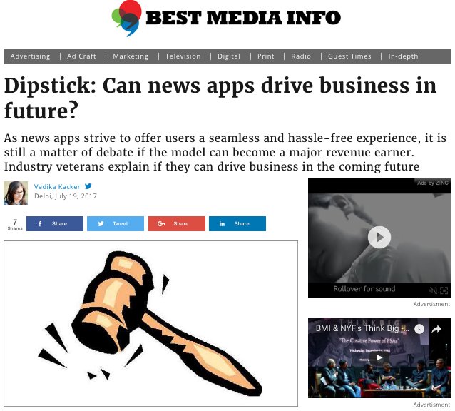 HDSdigital's tweet photo. @sunnysurya shares his opinion with @BestMediaInfo on 'Dipstick: Can news apps drive business in future?' #Article : https://t.co/IzkAuESOYp https://t.co/TbpqNx8siM