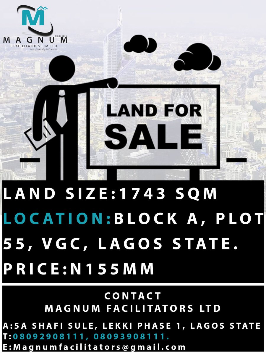 Magnumfa's tweet image. Land For Sale
SIZE: 1743 SQM
LOCATION: BLOCK A, PLOT 55 VGC, LAGOS STATE. 
PRICE: N155MM