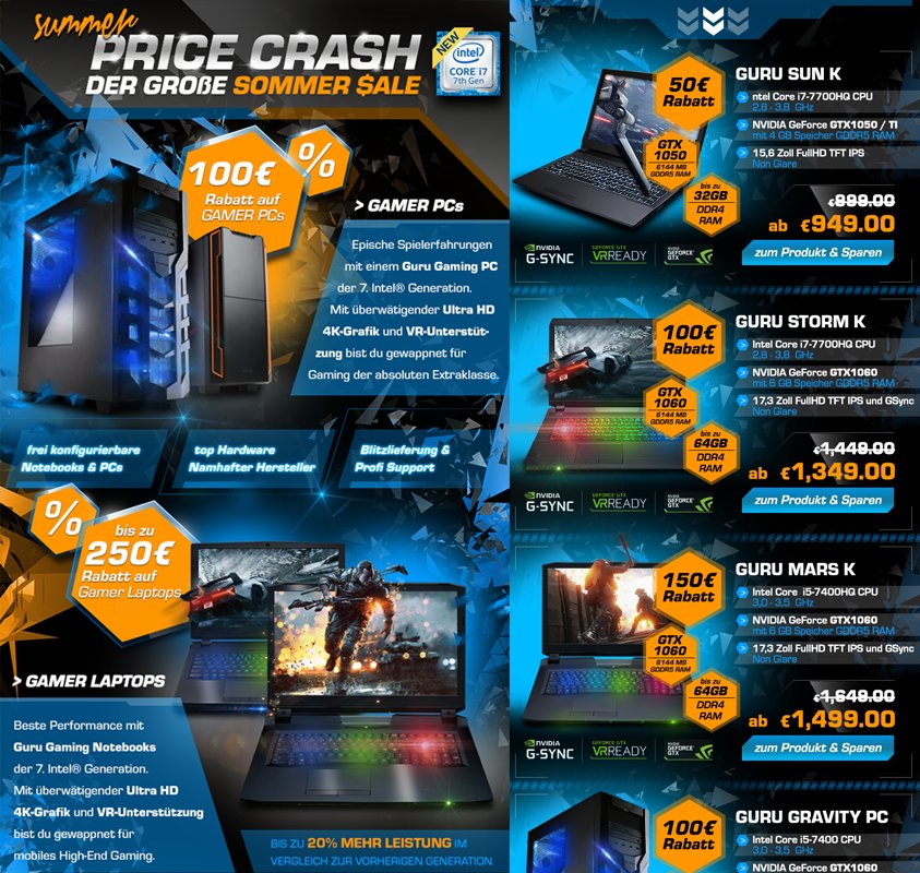 NotebookguruDE's tweet photo. Price Crash - Gamer Laptops &amp; Gamer PCs mit Rabatten von bis zu 250€. Nur noch bis 25. Juli! #Rabatte #Laptop #PC
https://t.co/maQ9BBJqcA https://t.co/KTzWiLty4a