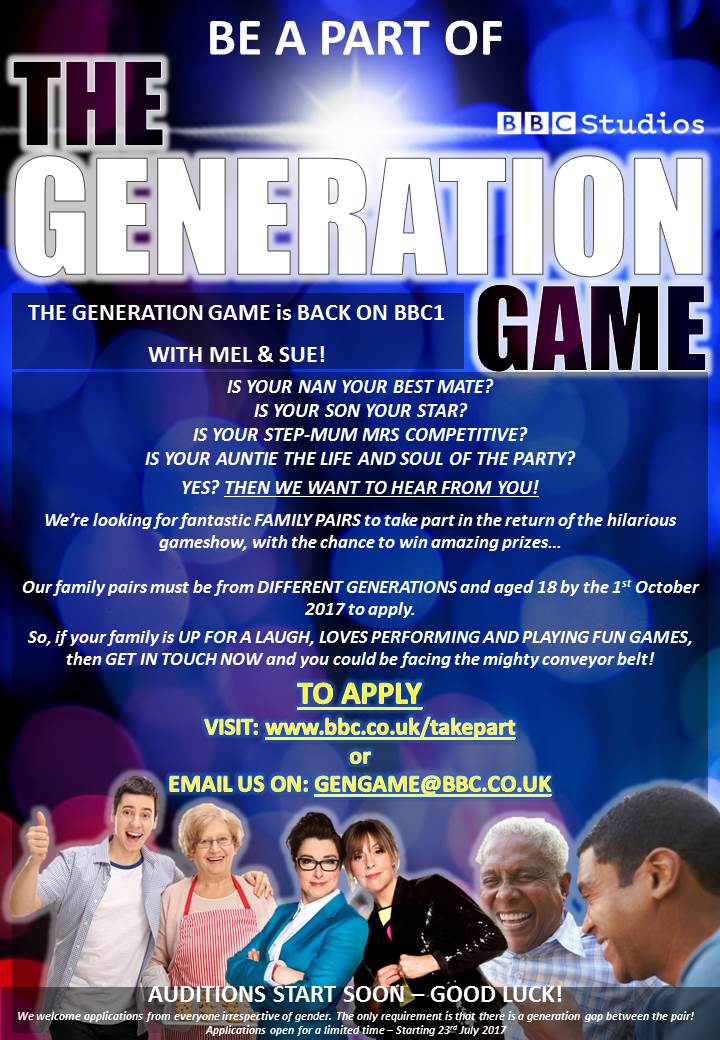 Calling all COMPETITIVE families! The Generation Game, is back &amp; looking for family pairs to take part.

TO APPLY: bbc.co.uk/takepart 📺