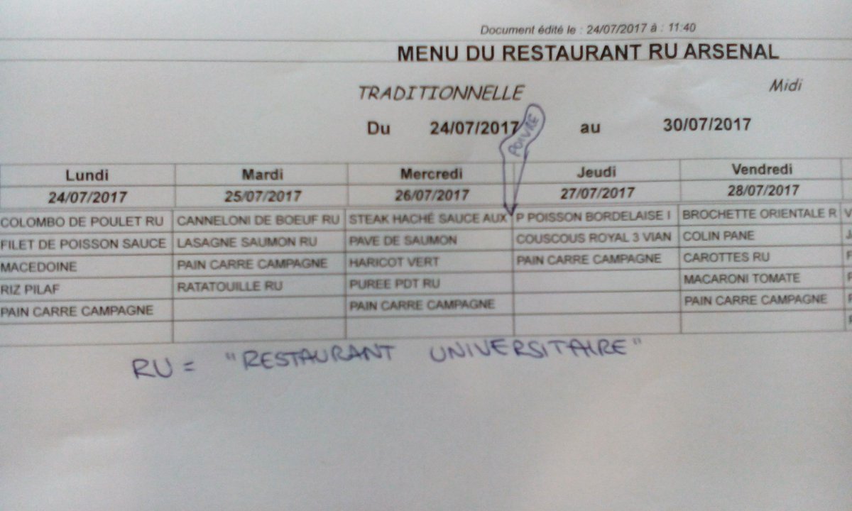 esslli17's tweet photo. Menu for the whole week at the canteen Arsenal university restaurant (in French) 🍴 https://t.co/k8MHBVlUvQ