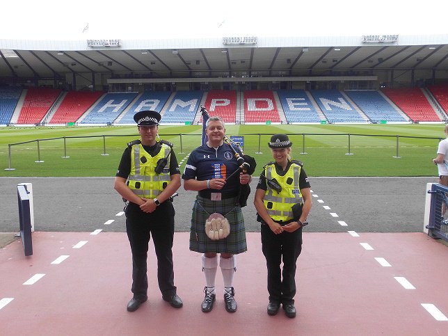 GlasgowSEPolice's tweet photo. Well done @StuMcMillanSNP here @Hampdenpark with local officers having piped in 42 stadiums raising money for Andy Adams Fund #Pipeathon2017 https://t.co/7Xd3mc5Xbf