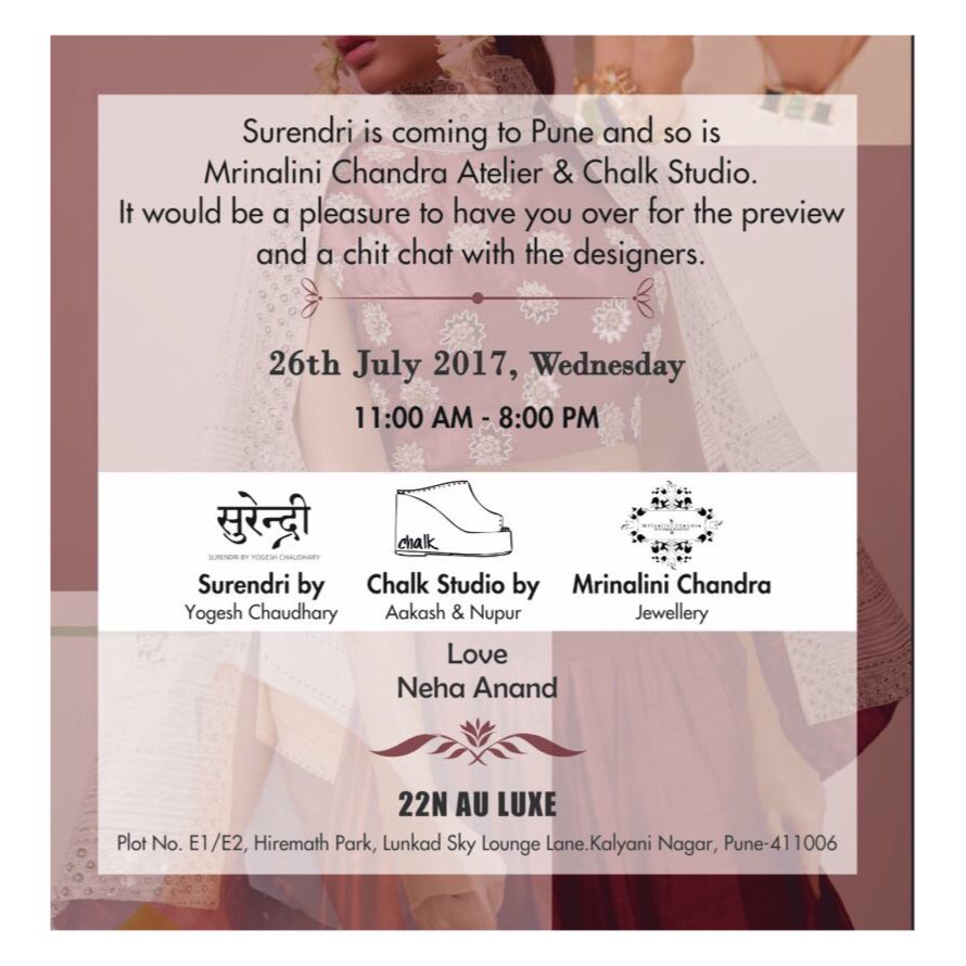 surendribyYC's tweet photo. Next stop #PUNE Come shop our latest festive styles on Wednesday 26th July at 22N AU LUXE from 11 AM to 8 PM #surendri #popupshop https://t.co/hPOij6P6gl