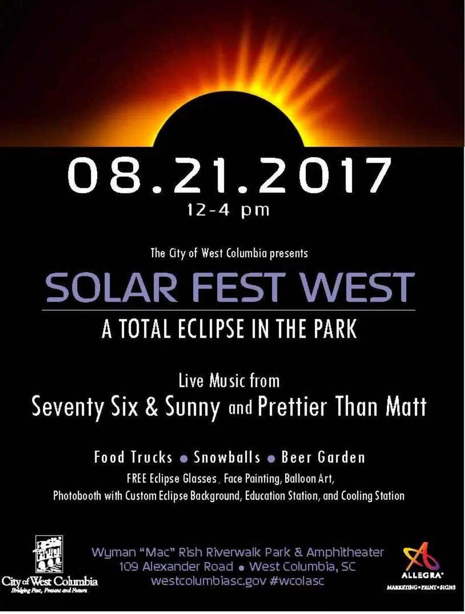 gardnerpandb's tweet photo. Here's a hot spot. Solar Fest☀️in @WestColumbiaSC,live music,food trucks, beer garden,free eclipse glasses and more #wcolasc @step2therear https://t.co/FdUbNd9XVU