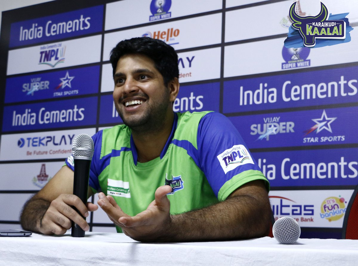 TeamTiruppur's tweet photo. #SAniruda addresses the media after a tough loss to @LycaKovaiKings 
#KaraikudiKaalai #modhipaakalama #TNPL2017 https://t.co/iK3KjL1wVf