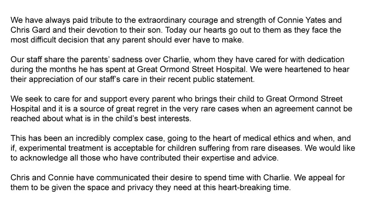 GOSHCharity's tweet photo. Our hearts go out to the parents of Charlie Gard.
Please see full statement below and GOSH position statement here: https://t.co/zVkh1tcjI0 https://t.co/vS1wVKNQ8M