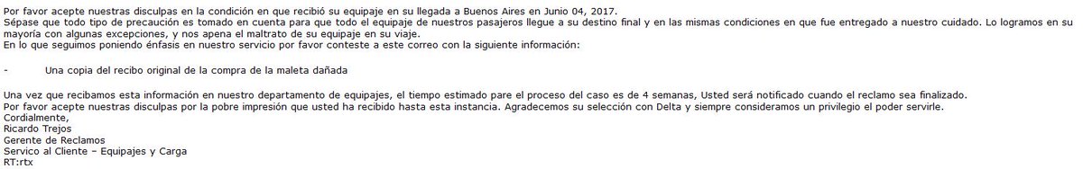 Hilario M. (@hila_pm) on Twitter photo El 3/7 viaje en <a href="/DeltaAssist_ES/">DeltaAssist_ES</a>, rompieron 3 ruedas d mi valija (u$700). No hay repuesto y piden el recibo d compra para devolucion.INSOLITO El 3/7 viaje en <a href="/DeltaAssist_ES/">DeltaAssist_ES</a>, rompieron 3 ruedas d mi valija (u$700). No hay repuesto y piden el recibo d compra para devolucion.INSOLITO