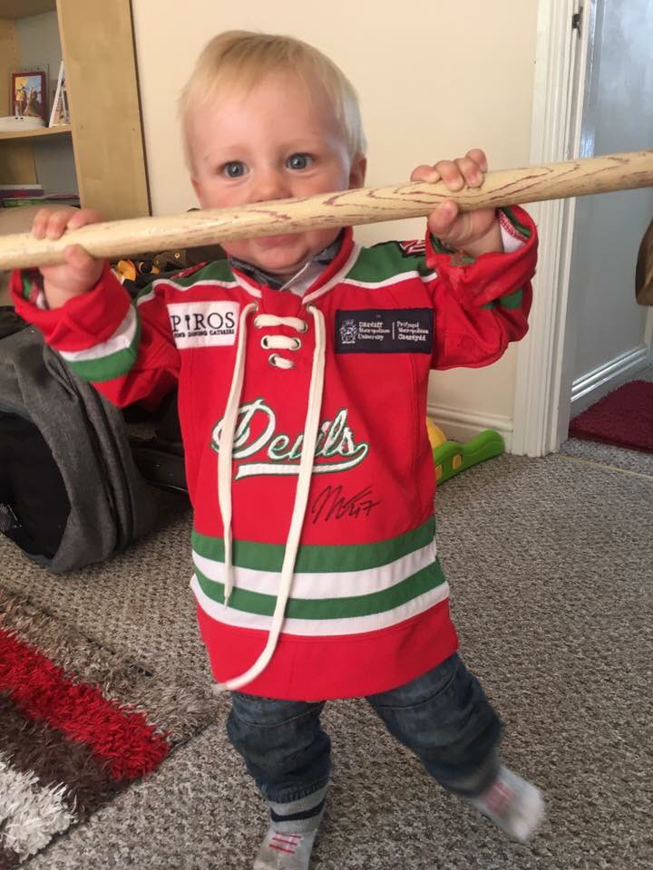 Craig89W's tweet photo. Baby Jake is excited for @cardiffdevils to start the season. Hurry up August!! #MiniDevil @LaurenJade1201 https://t.co/kGyS2lIsWV