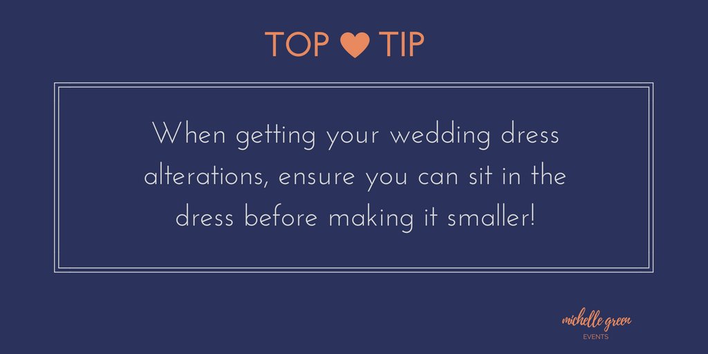 **TOP TIP**
Avoid any dress mishaps by ensuring you are able to sit (comfortably) before reducing the size! #weddingtip #wedding