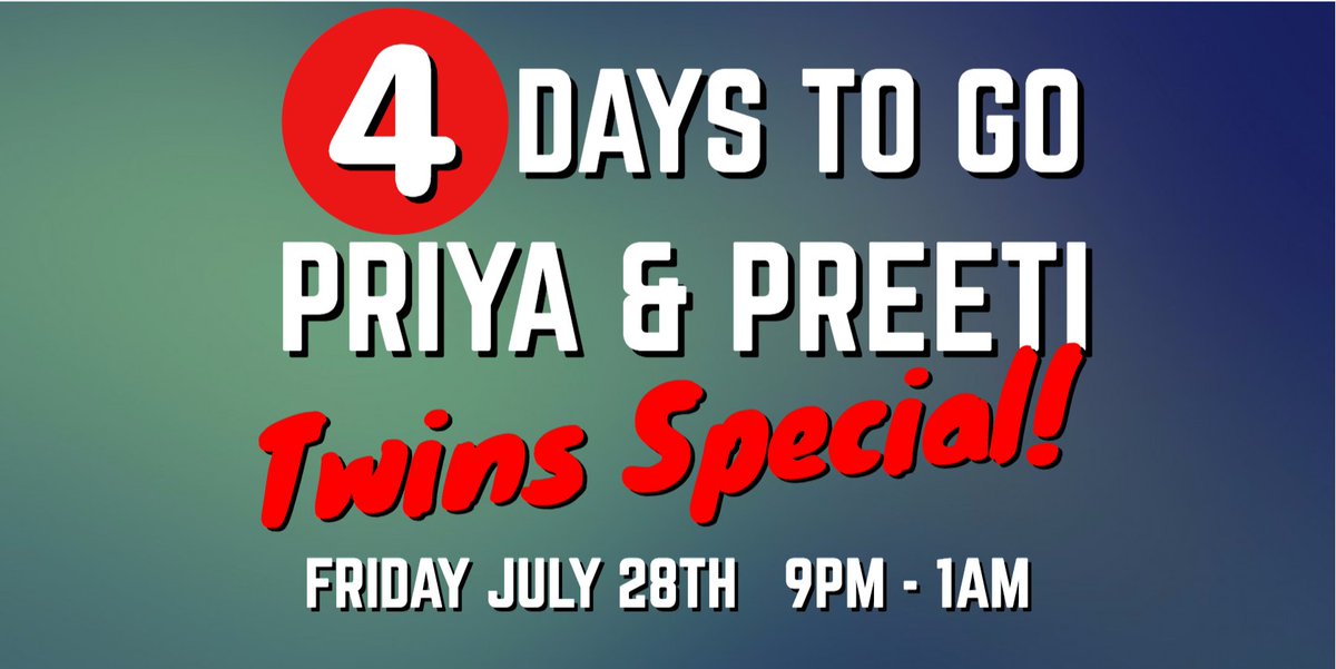 #4DAYSTOGO 🗓️

HUGE HUGE HUGE Cam show this Friday!

@Priya_Y &amp; @preeti_young

#TwinSpecial

https://t.co/QL3uLDpJ7A https://t.co/WBtio0Bvbf