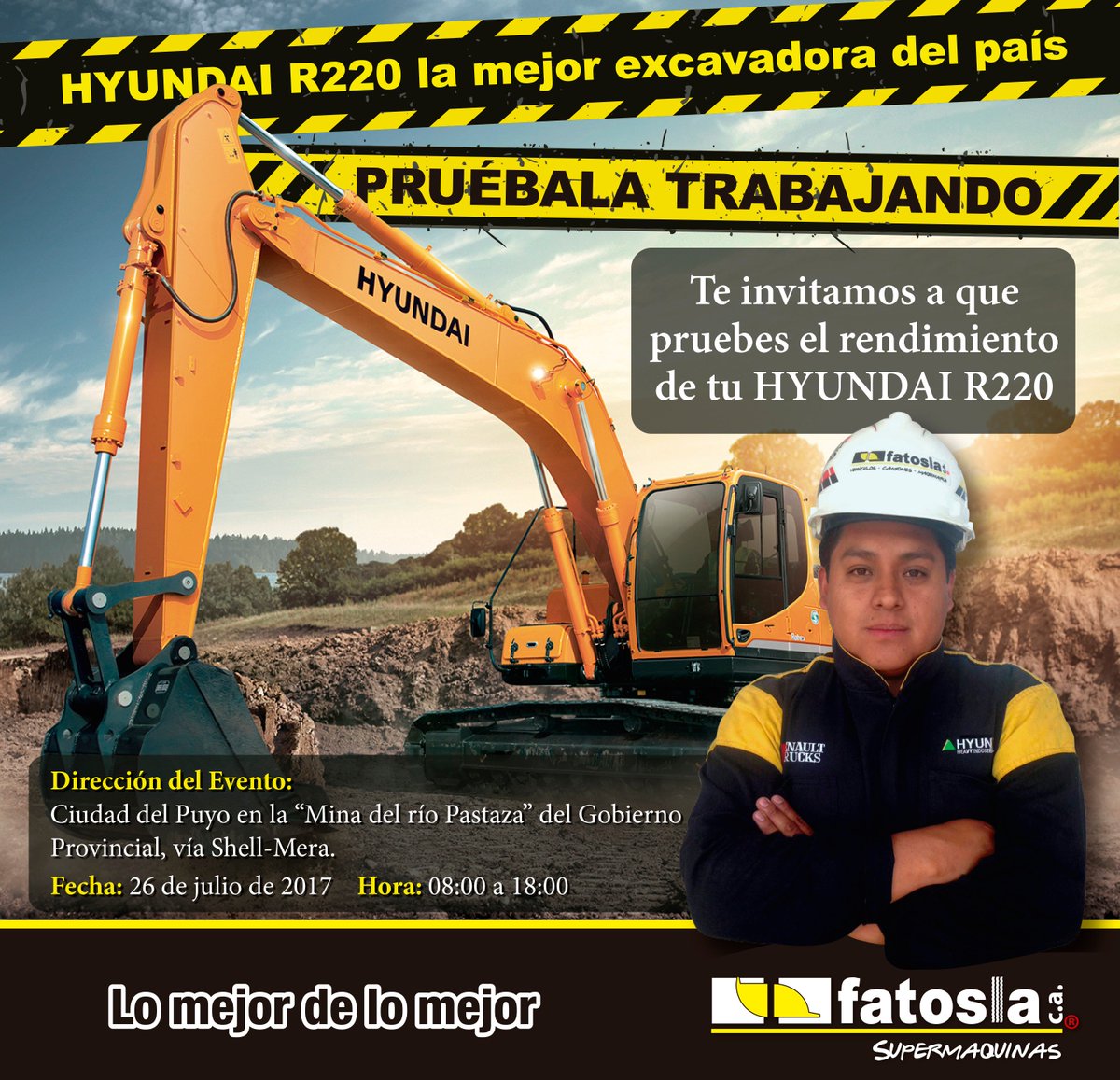 fatoslaCA's tweet image. Te esperamos en la ciudad del #Puyo en nuestro #TestWork
Vive la experiencia de manejar nuestra excavadora 220 #HyundaiConstructionEquipment