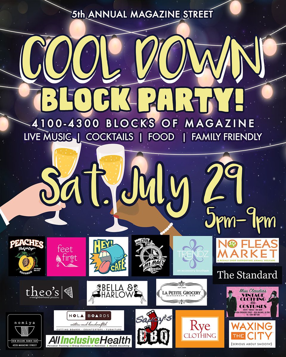 StayLocal's tweet photo. Celebrate the 5th Annual Magazine Street Cool Down Block Party July 29th with @FeetFirstStores @All_In_Health #NOLABoards 🎉 #neworleans https://t.co/bHmiVD3QcP