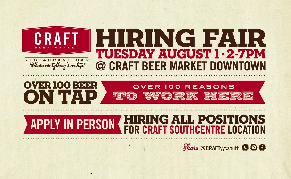 CRAFTyycsouth's tweet photo. Want to meet us in person? Join us at our Hiring Fair next Tues, Aug 1 2-7pm at our downtown location. Please share with yr friends! #yyc https://t.co/J0FAHDKi1o