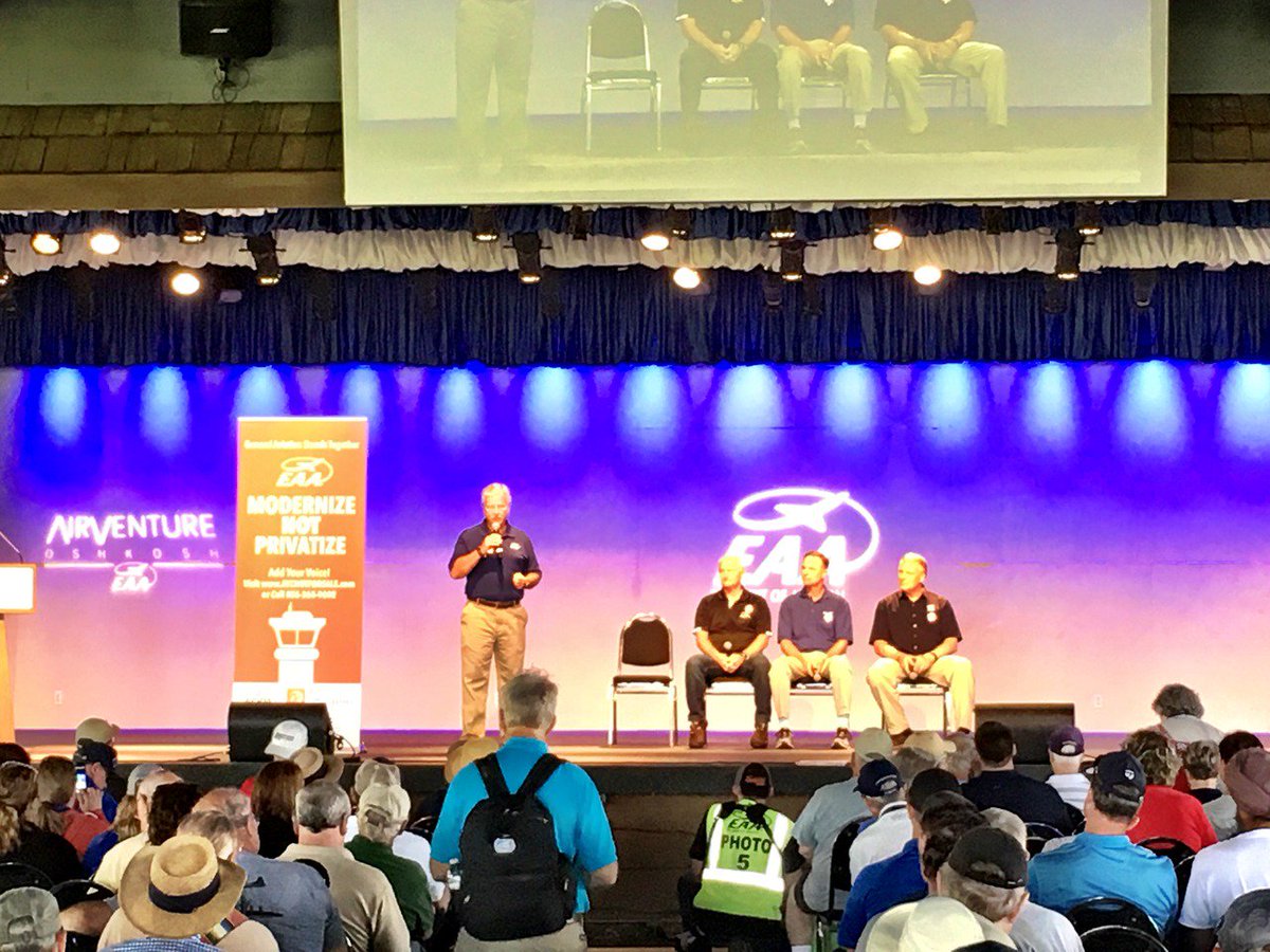 EAA's tweet photo. EAA CEO Jack Pelton rallies the troops at Theater in the Woods in the fight against ATC privatization #OSH17 #ModernizeNotPrivatize https://t.co/OvgNxx2oSb