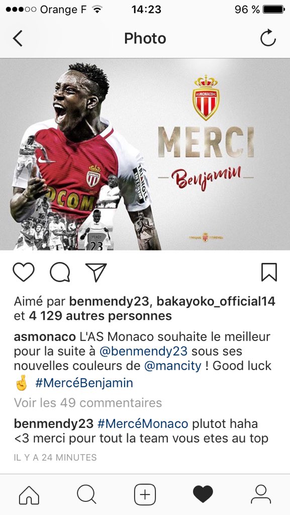 ASMONACOFC9's tweet photo. @benmendy23 remercie Monaco sur Instagram ! #MercéBenjamin https://t.co/dKL4i1q7JN