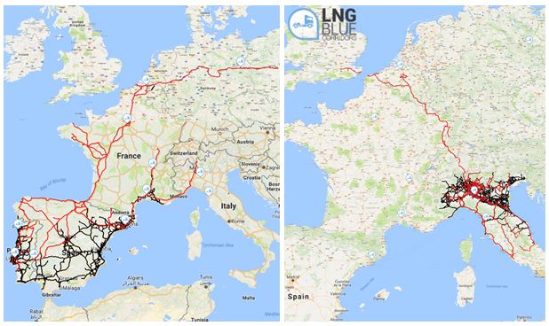 LNGBlueCorridor's tweet photo. Nice results from Spanish and Italian fleets.The pics depict the routes by trucks with 1 #LNG tank (black) and with doable #LNG tank (red) https://t.co/BZlIIQW2Lw