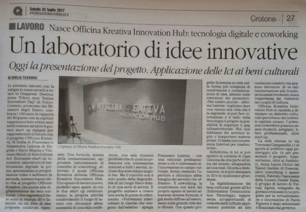 fillypollinzi's tweet photo. Auguri agli amici di @Officina_kr . Esempio di una Calabria che decide cosa vuol fare da grande e lo fa. #innovationhub  #coworking https://t.co/tSKYPY35If