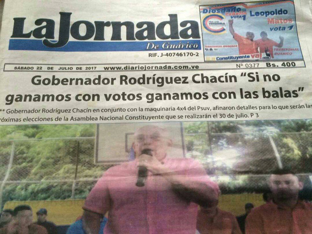 nelsonbocaranda's tweet photo. Otro gobernador,el de Guárico que anuncia BALAS si no hay votos.¿Saben que ya no los quieren ni sus mismos acólitos? https://t.co/xijFwDA9q0