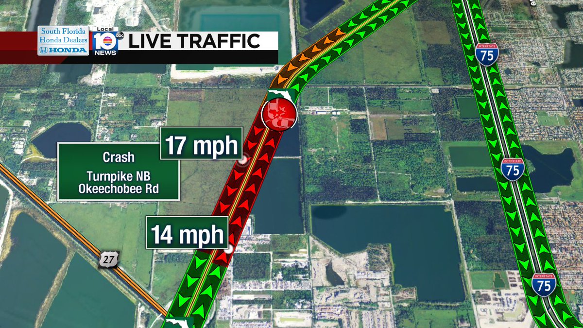 Crash on Turnpike slowing down speeds in both directions north of Okeechobee Rd! #traffic https://t.co/AiPHWAJw8h