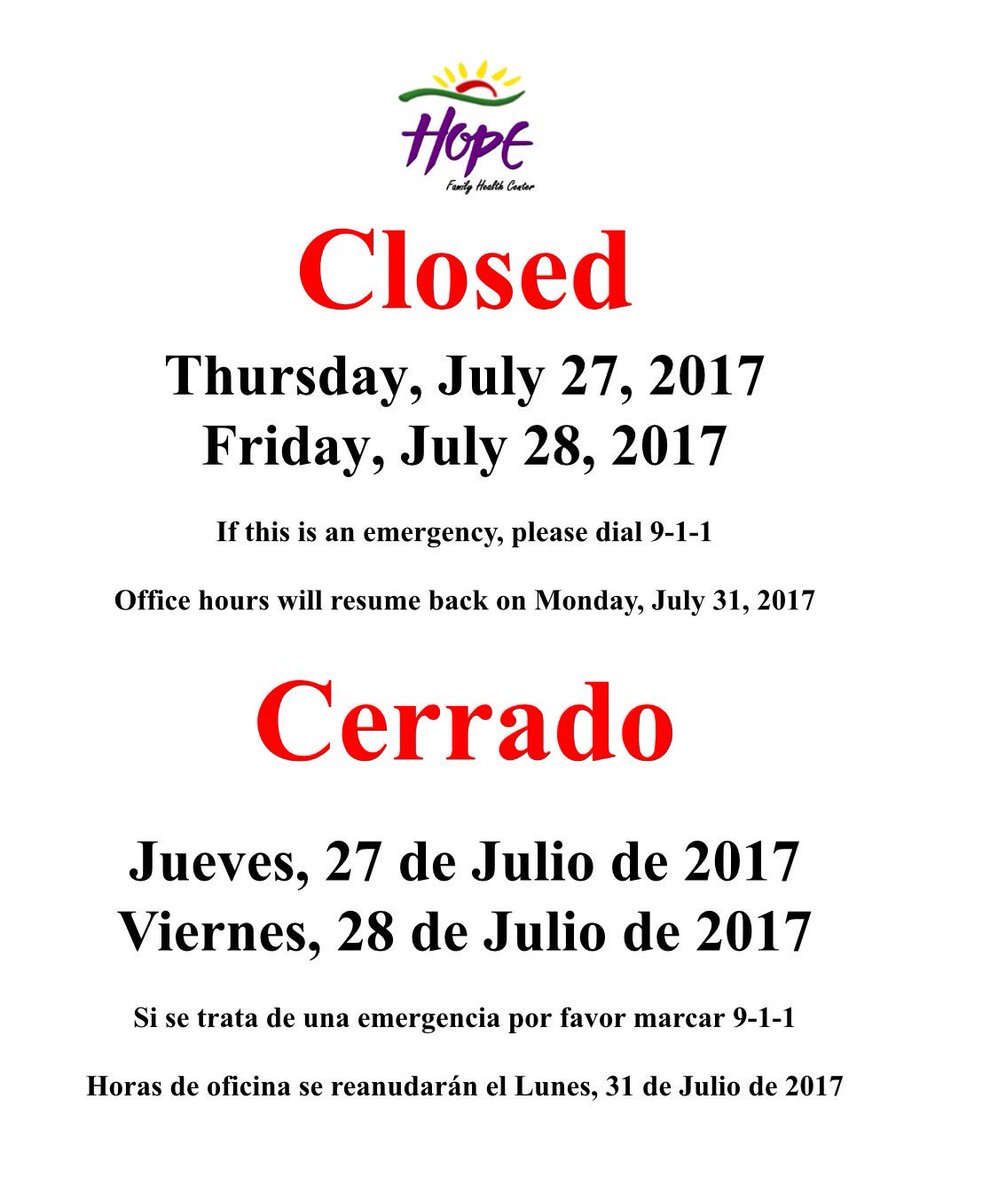 HopeFHC's tweet photo. Please be informed our clinic will be closed Thursday and Friday. Our staff will be in a mandatory training. Thank you! https://t.co/Zov8AveI0V